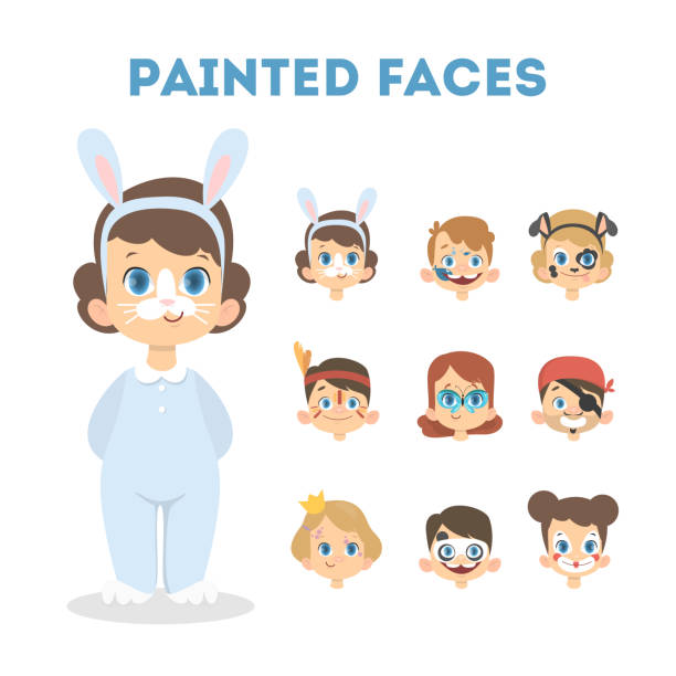 illustrations, cliparts, dessins animés et icônes de enfants avec le visage de peinture de couleurs - face paint child animal little boys