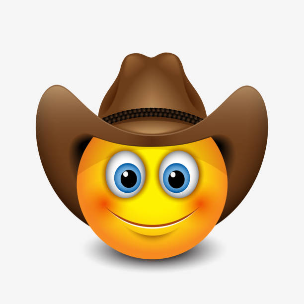 ilustrações de stock, clip art, desenhos animados e ícones de cute smiling emoticon wearing cowboy hat, emoji, smiley - vector illustration - cowboy hat