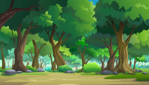 ilustrasi cat di alam liar dan alami - lanskap panorama pedesaan ilustrasi ilustrasi stok