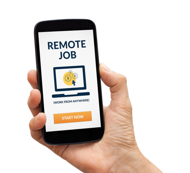 istock Hand holding smart phone with remote job concept on screen. Isolated 1130883527