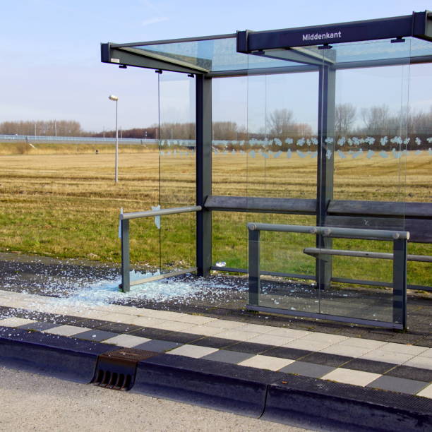 Vandalised bus shelter n the city of Almere. stock photo