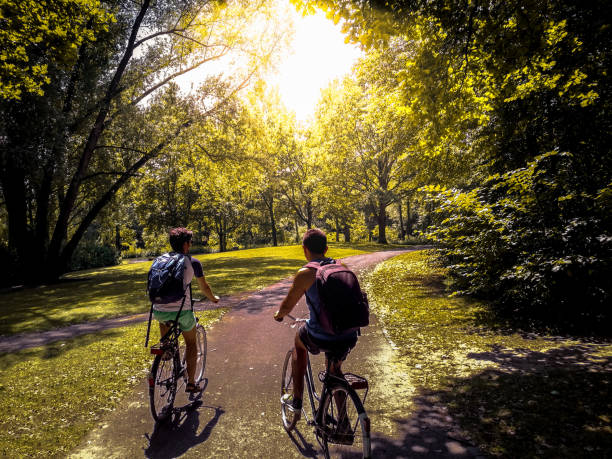 Central Park, New York, USA - 15 August 2018: People biking and wlaking around Central Park New York City enjoying a summer morning on a warm sunny day.