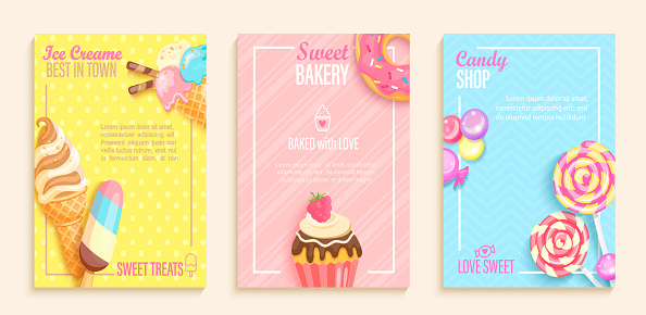 Set of sweet candy,bakery and ice cream shops flyers,banners. Collection of pages for kids menu,caffee,posters. Pastry,donuts,cupcake,lollipop cafeteris cards.Template vector illustration.