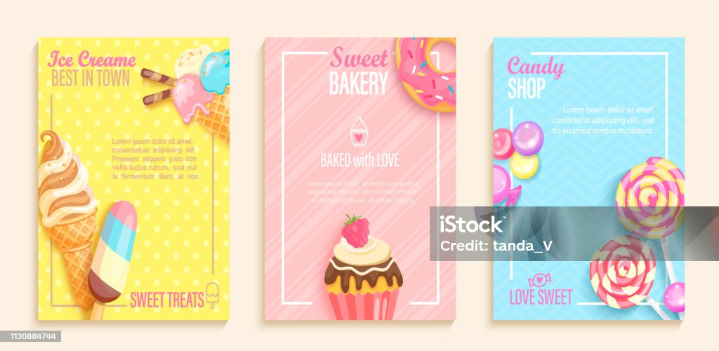 Set of sweet, candy, bakery, ice cream shops flyers. Set of sweet candy,bakery and ice cream shops flyers,banners. Collection of pages for kids menu,caffee,posters. Pastry,donuts,cupcake,lollipop cafeteris cards.Template vector illustration. Backgrounds stock vector