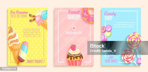 Set Of Sweet Candy Bakery Ice Cream Shops Flyers Stock Illustration - Download Image Now