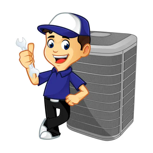 Vector illustration of Hvac Cleaner or technician leaning on air conditioner