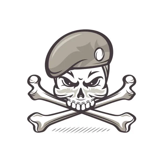 Vector illustration of Monochrome skull in beret with  crossbones. Army symbol, isolated vector illustration