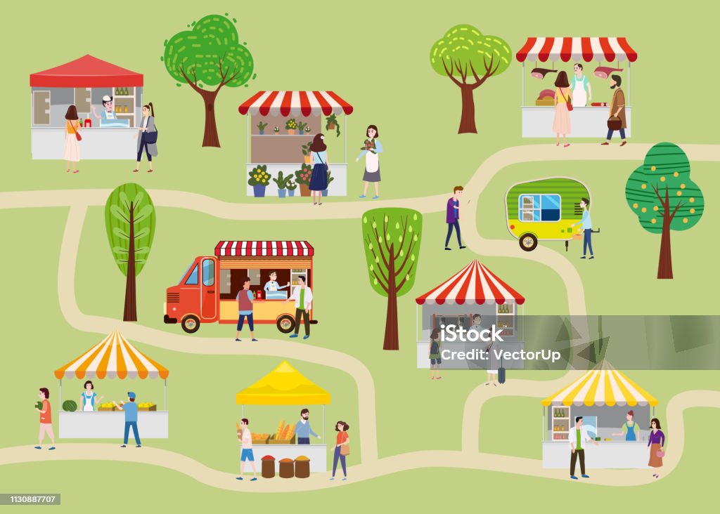 Outdoor Street Food Festival With People Walking Between Vans Or Caterers  Canopy Buying Meals Eating And Drinking Taking Selfie Talking To Each Other  Template Flyer Baner Invitation Card Poster Cartoon Flat Colorful