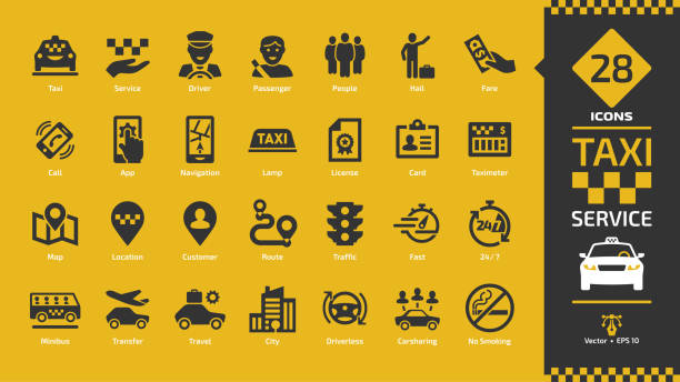 Taxi cab car service glyph icon set on a yellow background with fast motor vehicles, driver, passenger on travel, people and city traffic silhouette sign. vector art illustration