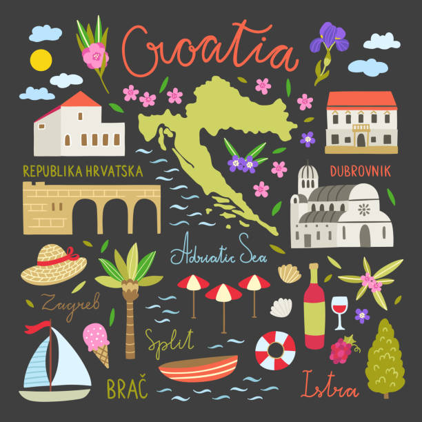 hırvatistan seyahat simgeleri. vektör illüstrasyonlar plaj sembolleri, doğa elemanları, gemiler, çiçekler, mimari - croatia stock illustrations