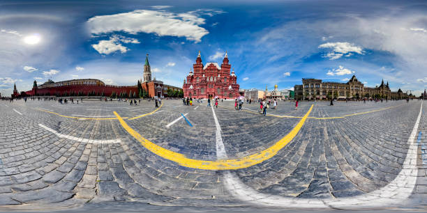 Moscow, Russia - June 29th 2017: 360 degree panoramic vr view of Red Square with many people walking. Red Square is a city square in Moscow.