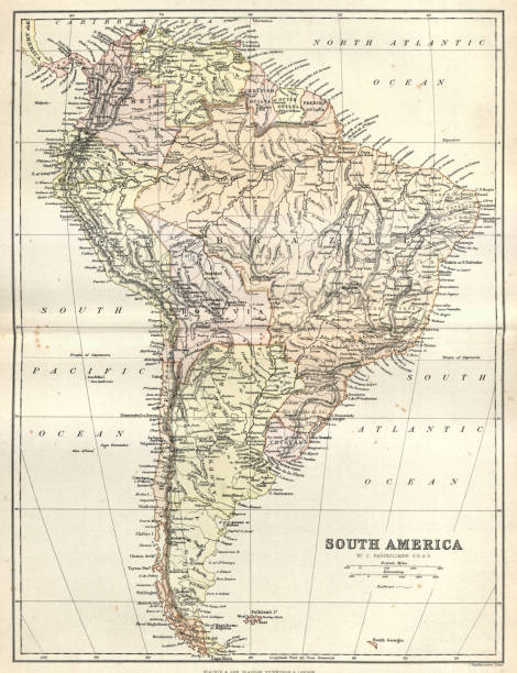 Vintage engraving of Antique map of South America, 1884, 19th Century