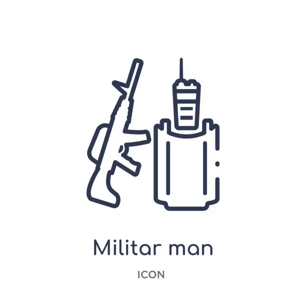 Vector illustration of Linear militar man with protection equipment icon from Army outline collection. Thin line militar man with protection equipment vector