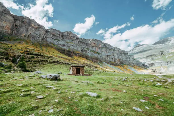 View of Circo de Soaso and shepherd hut, Ordesa National Park, Aragon. Pyrenees Mountains, Spain