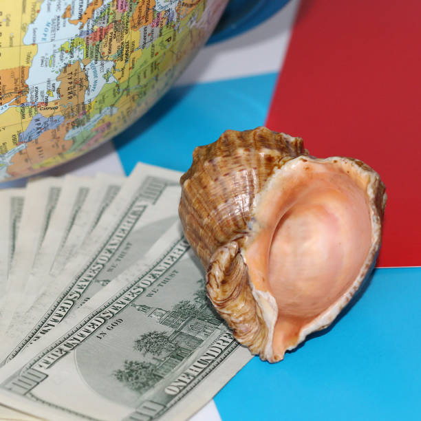 istock Seashell on dollars background. Nearby is a globe. 1130896109