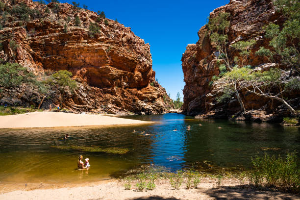 les gens nageant dans le ruisseau d'ellery grand trou dans le west macdonnell ranges nt outback australie - ellery creek photos et images de collection