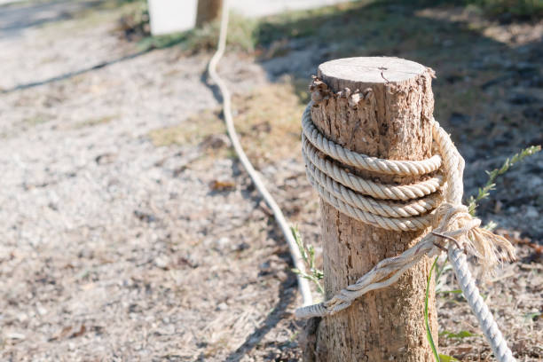 cuerda blanca atada al muñón para bloquear el límite - wooden post wood grass string fotografías e imágenes de stock