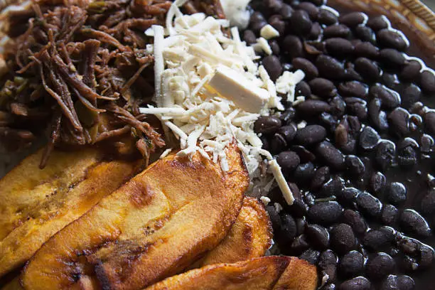 Homemade Venezuelan food. Pabellon Criollo. White Rice, Black beans,Fried plantains, and Shredded beef served on a table