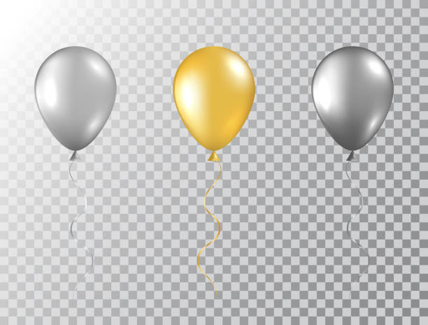 ilustraciones, imágenes clip art, dibujos animados e iconos de stock de globos de helio se establecen aislados en fondo transparente. globos festivas brillantes de oro, plata y negro. maqueta de baloon para aniversario, fiesta de cumpleaños, boda, gran inauguración. ilustración vectorial - mid air balloon gray decoration