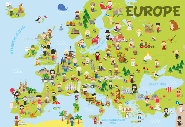 ilustraciones, imágenes clip art, dibujos animados e iconos de stock de mapa de dibujos animados divertidos de europa con niños de diferentes nacionalidades, monumentos representativos, animales y objetos de todos los países. ilustración vectorial para educación preescolar y diseño de niños. - european culture europe national flag flag