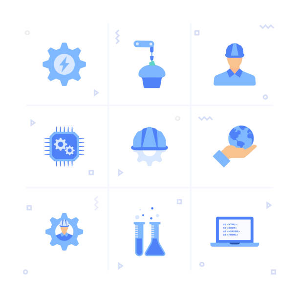 ilustraciones, imágenes clip art, dibujos animados e iconos de stock de conjunto de iconos de ingeniería - drawing compass machine part engineering plan