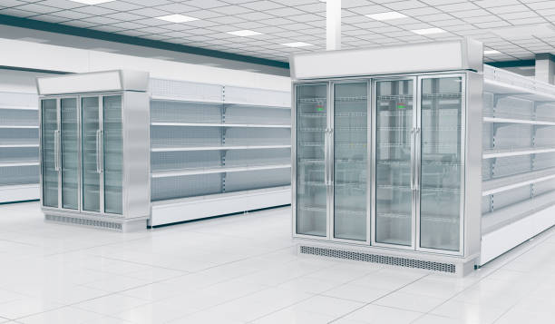 istock Interior empty supermarket with  showcases freezer 1130905738