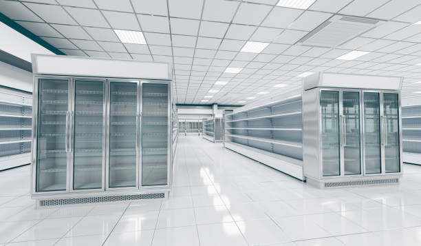 istock Interior empty supermarket with  showcases freezer 1130905760