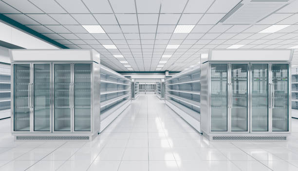 istock Interior empty supermarket with  showcases freezer 1130905762