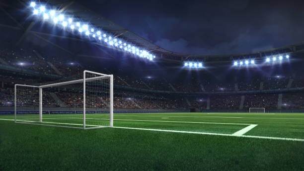 modern football stadium illuminated by spotlights and empty green grass - grass area flash imagens e fotografias de stock