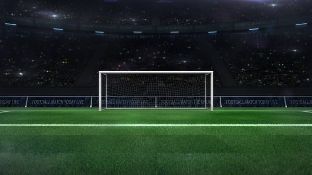 緑の草とファンの後ろにサッカーやサッカーのゴールゲートのクローズアップ - playing field flash ストックフォトと画像