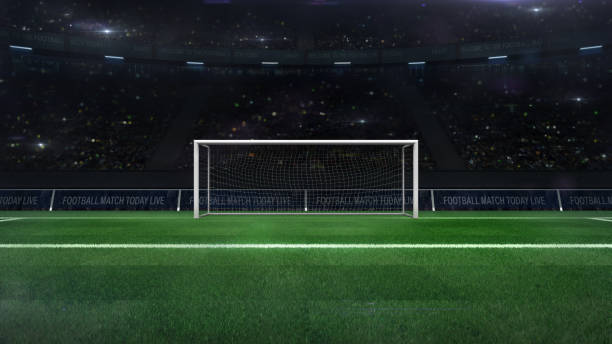 football or soccer goal gate closeup with green grass and fans behind - grass area flash imagens e fotografias de stock