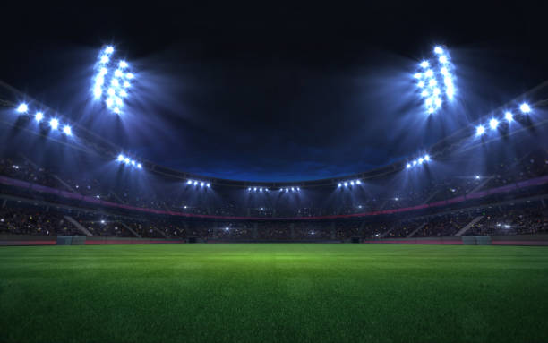 universal grass stadium illuminated by spotlights and empty green grass playground grand sport building digital 3D background advertisement background illustration football stock pictures, royalty-free photos & images