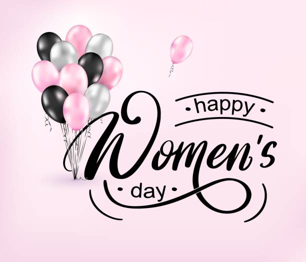 ilustraciones, imágenes clip art, dibujos animados e iconos de stock de feliz día de las mujeres. letras escritas a mano con globos realistas de color negro brillante, plata y rosa. día internacional de la mujer caligrafía de saludo en fondo rosa claro. plantilla vectorial para póster, venta. - balloon pink black anniversary