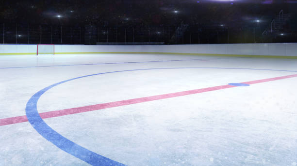 ice hockey stadium middle rink general view and camera flashes behind hockey and skating stadium indoor 3D render illustration background ice hockey net stock pictures, royalty-free photos & images