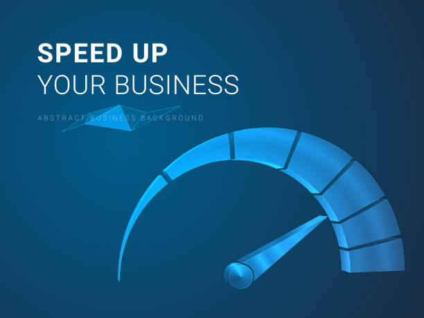 ilustrações de stock, clip art, desenhos animados e ícones de abstract modern business background vector depicting speeding up a business in shape of a speedometer on blue background. - measuring ideas power industry