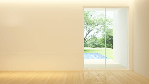 istock Empty room with swimming pool view and forest view. Space design room of backdrop or room for presentation. 3D Illustration for artwork. 1130909054
