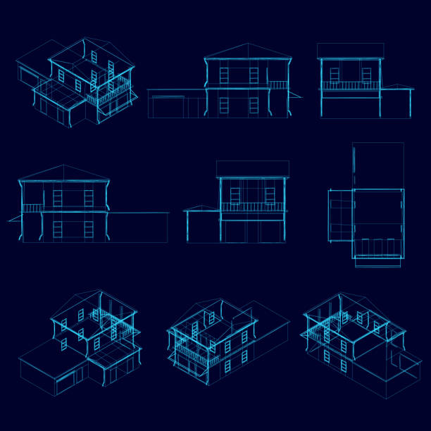 ilustrações, clipart, desenhos animados e ícones de ajuste com casas - three dimensional blueprint construction housing project