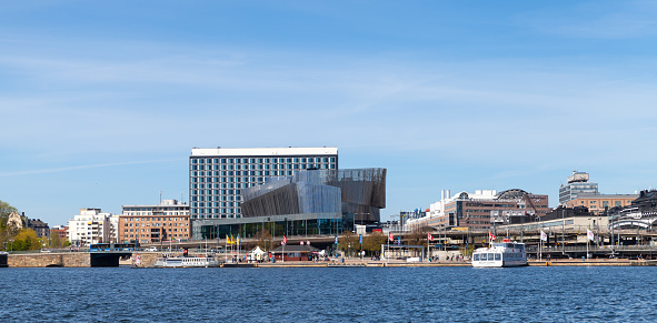 Stockholm, Sweden - May 6, 2016: Panoramic cityscape of Stockholm with Radisson Blu Waterfront Hotel facade