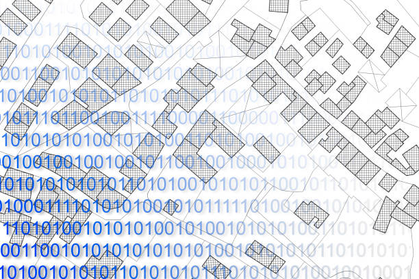 전산화 된 토지 레지스트리-"nbuildings도로 및 토지 소포 및 이진 코드와 영토의 가상 지적 지도와 개념 이미지 - computer language binary code coding city stock illustrations