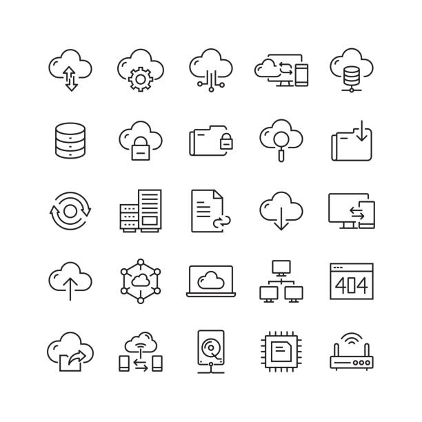ilustrações, clipart, desenhos animados e ícones de nuvem que hospeda ícones relacionados da linha do vetor - wireless technology transfer image cloud symbol