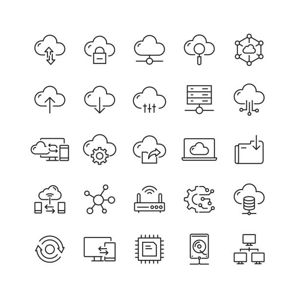 ilustrações, clipart, desenhos animados e ícones de nuvem que computa a linha ícones relacionados do vetor - wireless technology transfer image cloud symbol