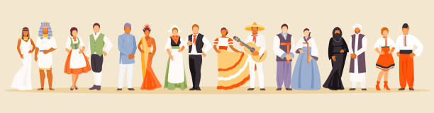 Large collection of national costumes 2 National clothes of Egypt, Italy, Indonesia, the Netherlands, Mexico, Korea, Yemen and Ukraine Vector illustration hispanic family stock illustrations