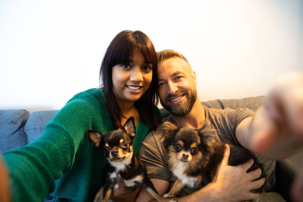istock Lovely couple take a selfie at home with pets 1130918925