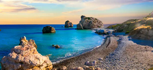 beautiful romantic beach of Cyprus over sunset