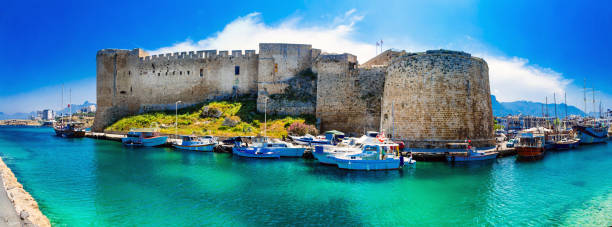 Landmarks of Cyprus - medieval fortress in Kyrenia, turkish part of northen Cyprus Kyrenia old town - in northen turkish part of Cyprus island kyrenia photos stock pictures, royalty-free photos & images