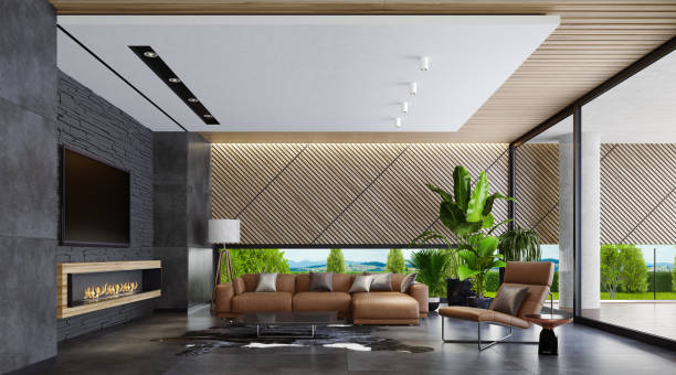 modern country style villa living room with eco fireplace - stone contemporary house luxury imagens e fotografias de stock
