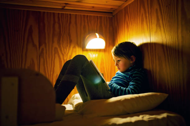 Cute little preschool boy with funny face expression enjoying reading a book lying on the bed with lights at background. Evening home leisure time