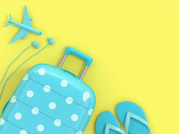 istock 3d render of suitcase with vacation stuff over yellow background 1130927699