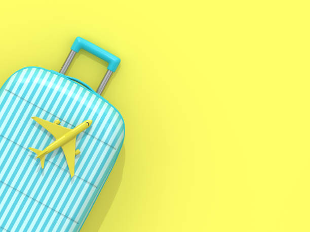 istock 3d render of suitcase with plane over yellow background 1130927717
