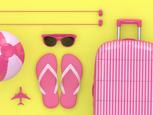 istock 3d render of suitcase with vacation stuff over yellow background 1130927724